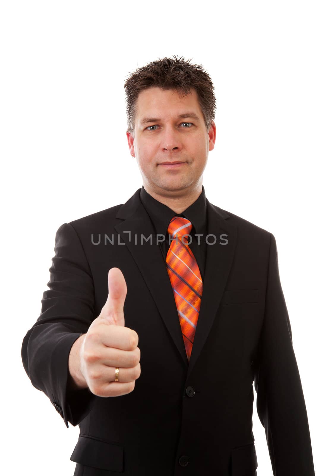 Businessman is pleased, thumbs up  over white background