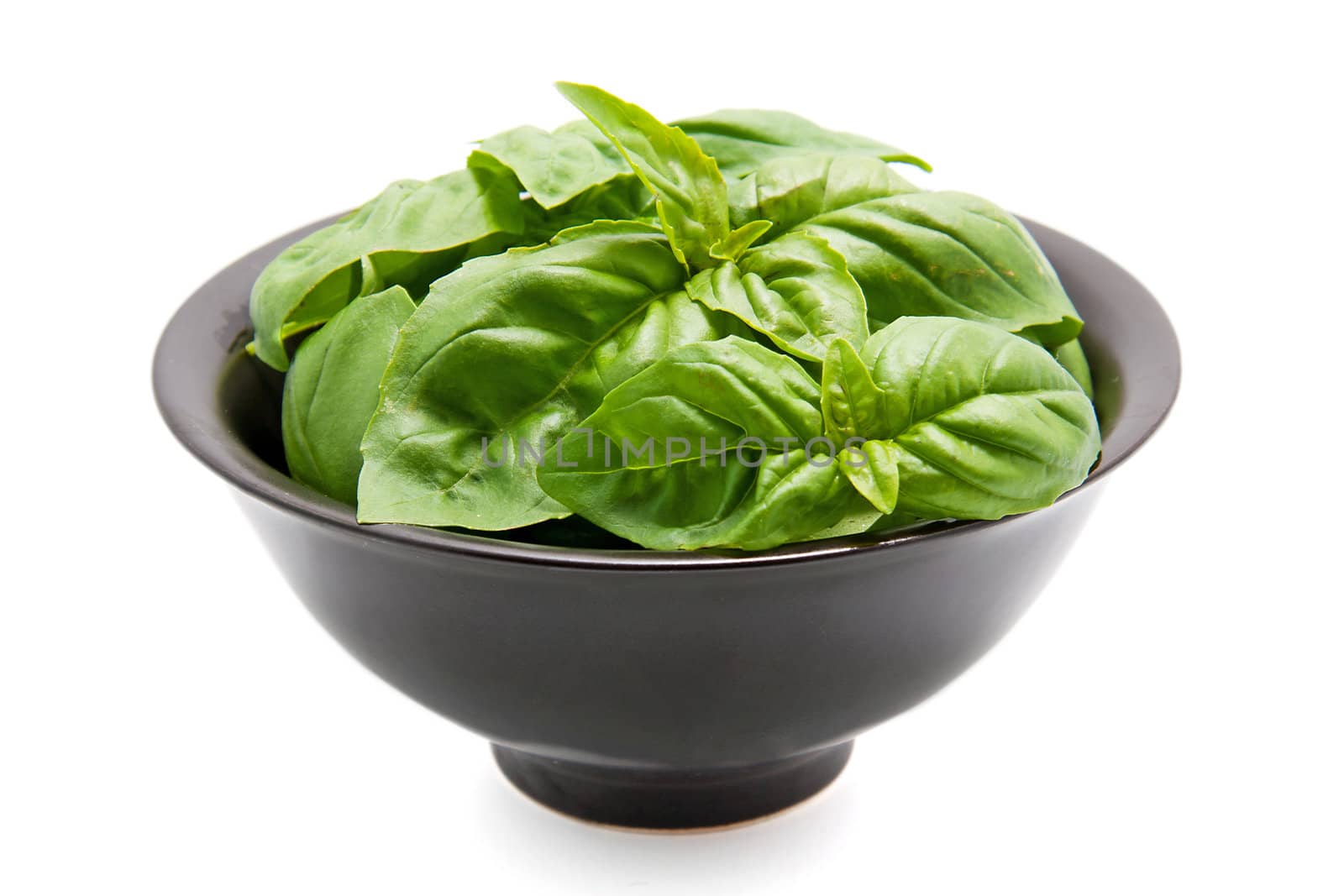 Black bowl with fresh basil leaves over white background