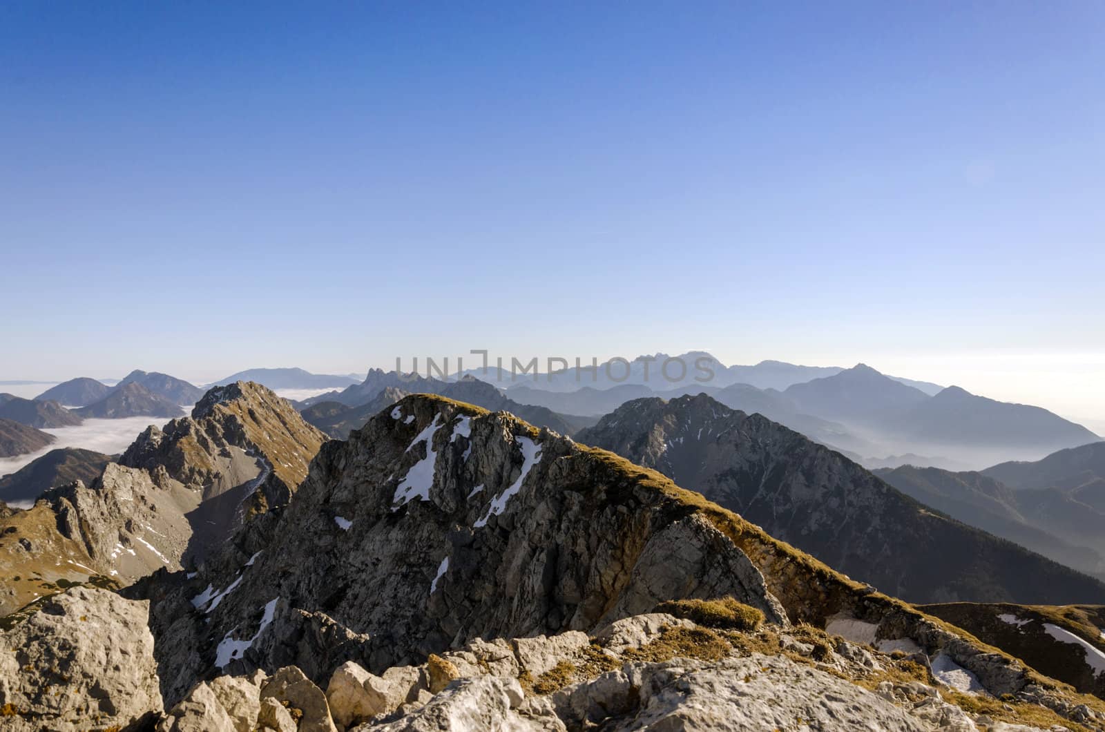 Panoramic view over mountain ridges.