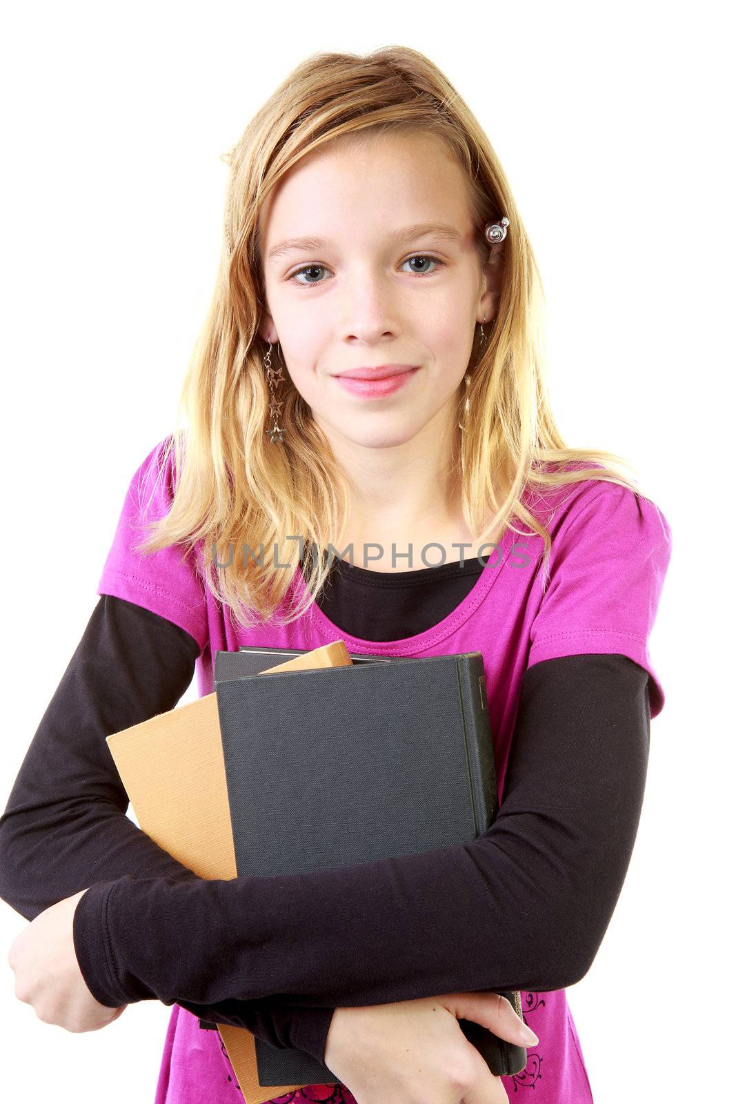 young girl carry books over white background