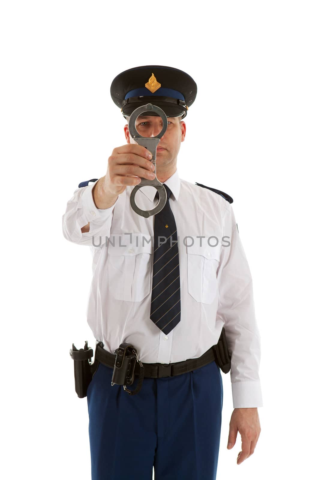 Police officer is showing handcuffs over white background