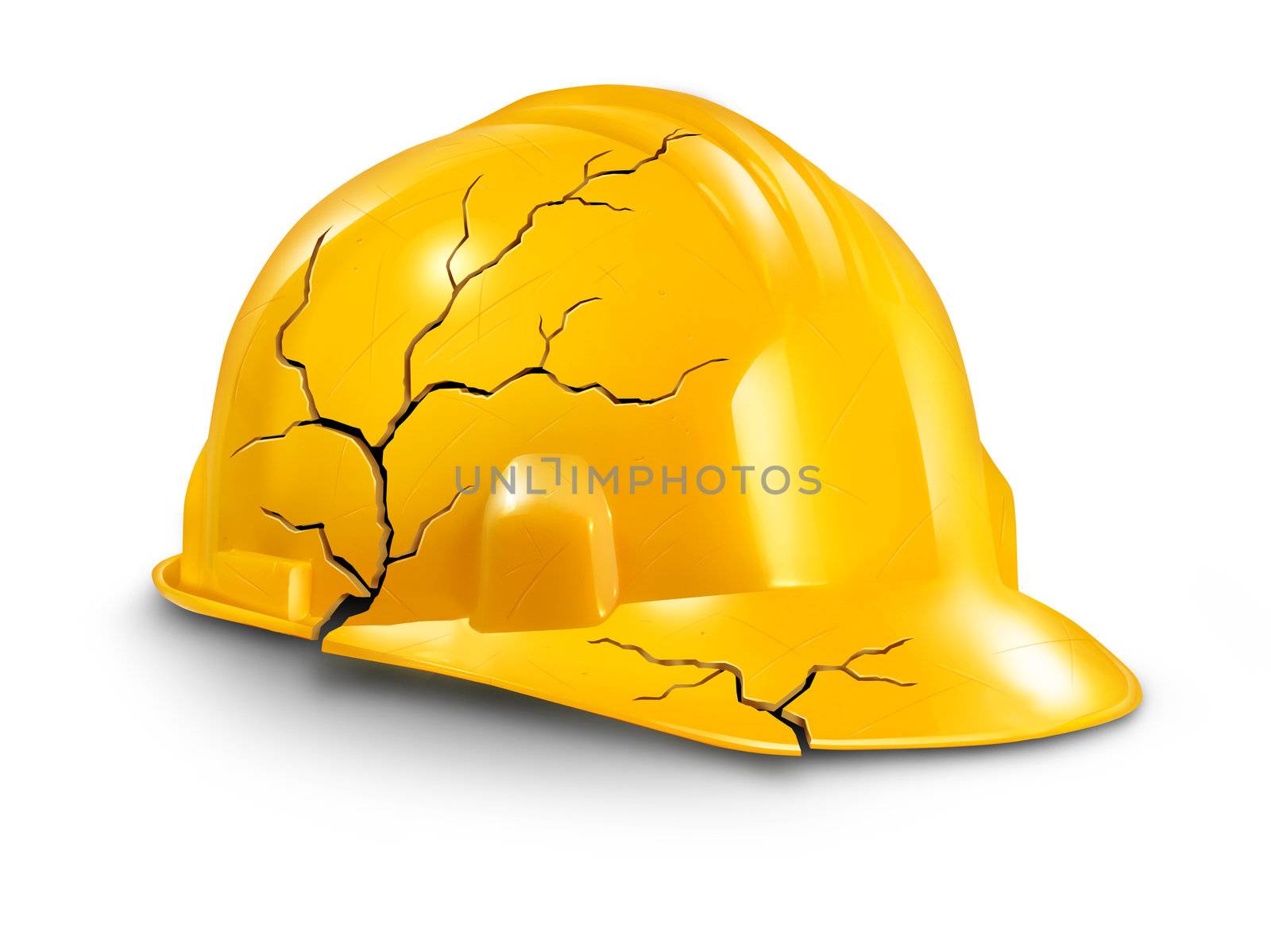 Work accident and health hazards on the job as a broken cracked yellow hardhat helmet as a symbol of working injury and insurance claims from physical damage and pain to the worker.