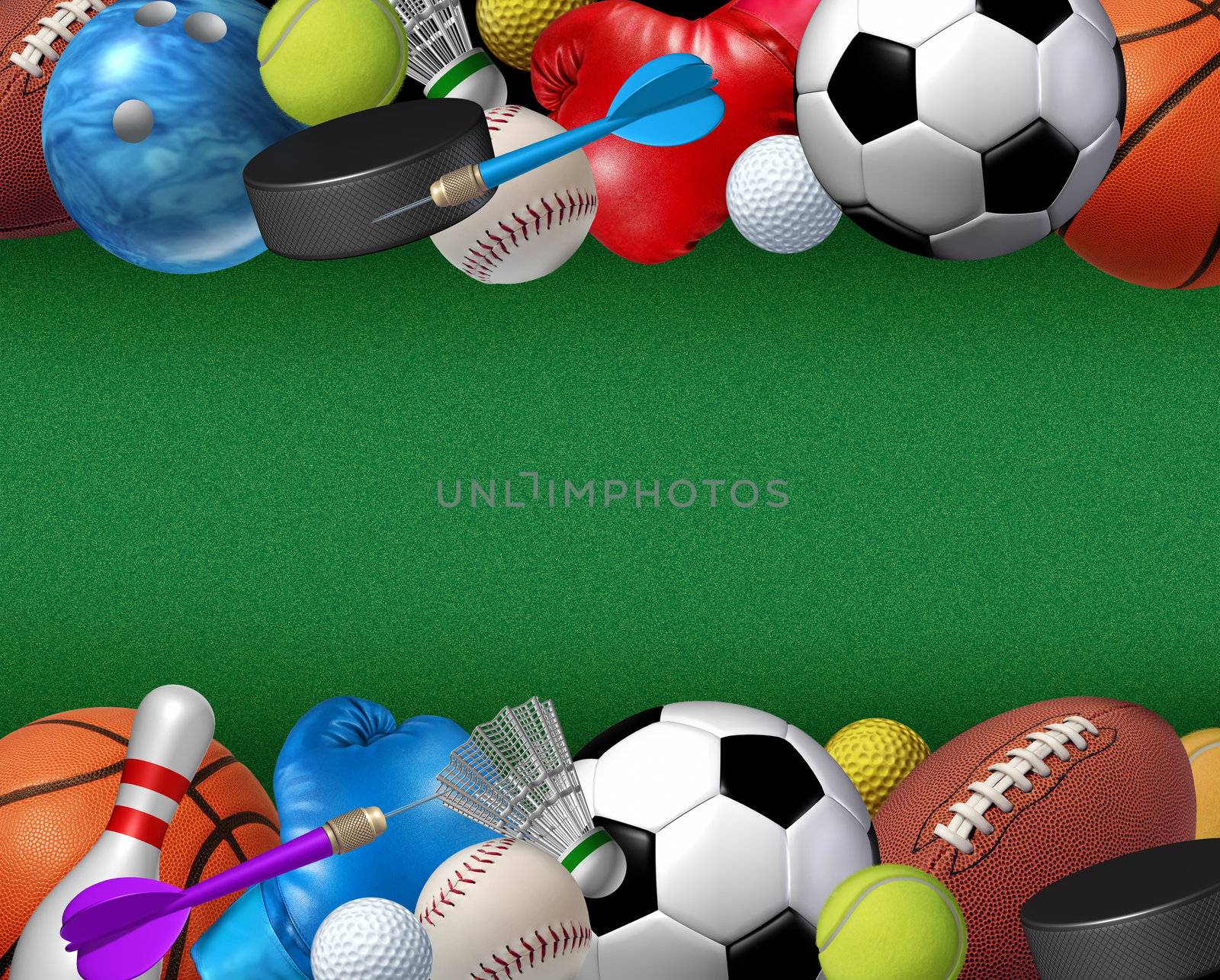 Sports and activities border with equipment from basketball boxing golf bowling tennis badminton football soccer darts ice hockey and baseball as a fitness and health design element on a green textured background.