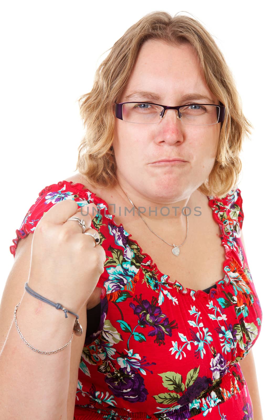 Portrait of angry woman over white background