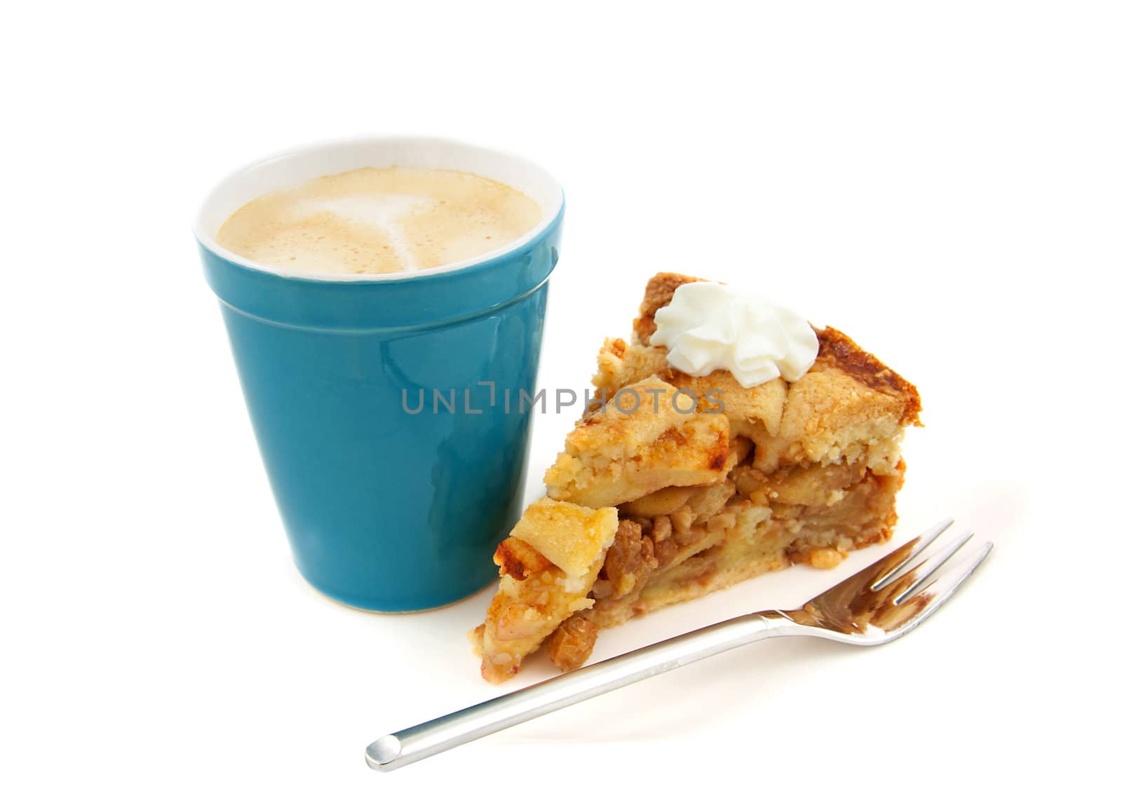Coffee in blue cup with slice apple pie isolated on white background