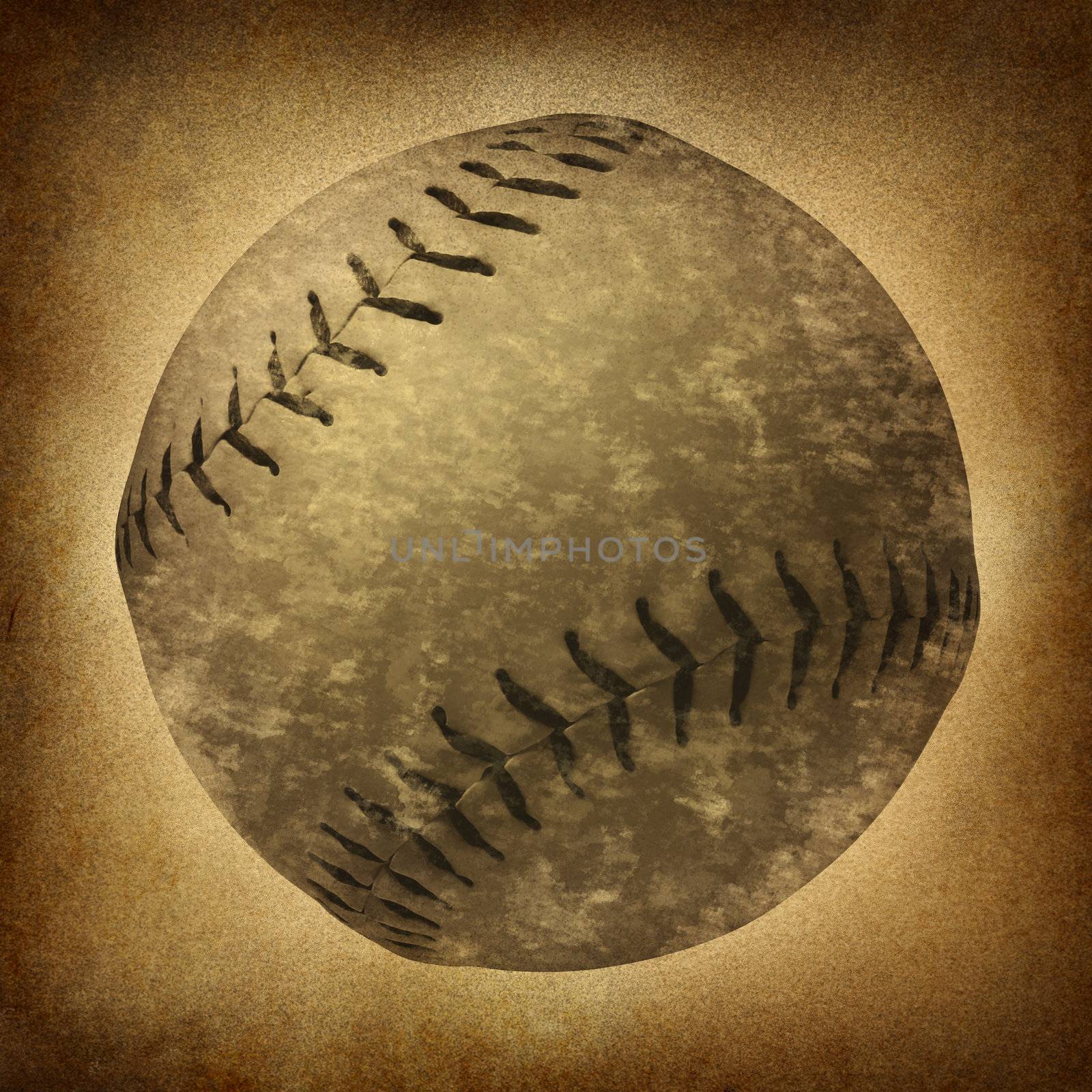 Old grunge baseball or softball as a vintage sports symbol on a dirty parchment background as an American cultural and traditional national pastime sport with a sphere made of leather and stitching.