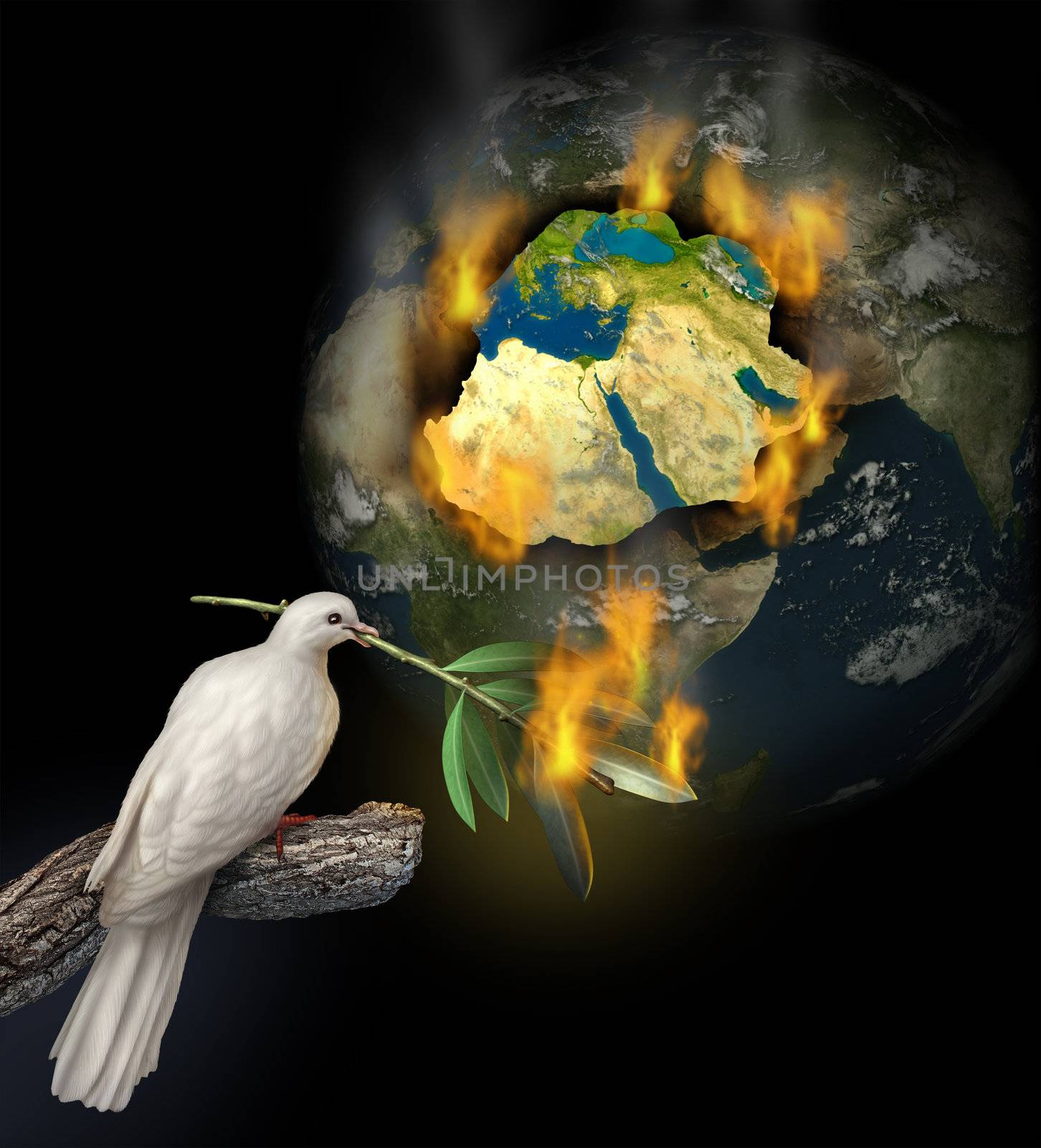 Middle East conflict as a burning map of Egypt Syria Iran Israel Saudi Arabia Libya Yemen Iraq with a white dove holding a burning olive branch for the tragedy of war and political problems.