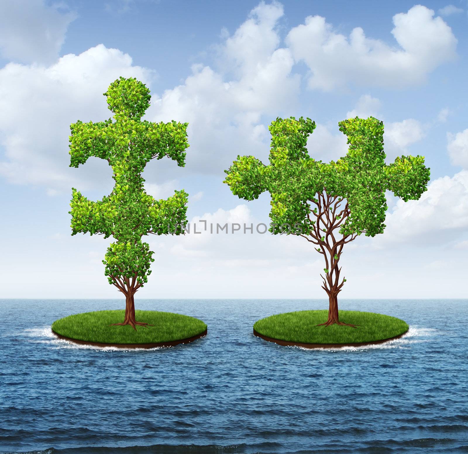 Growth connection with two trees in the shape of jigsaw puzzle pieces floating on an ocean moving together to merge into one strong partnership as a business concept of teamwork.