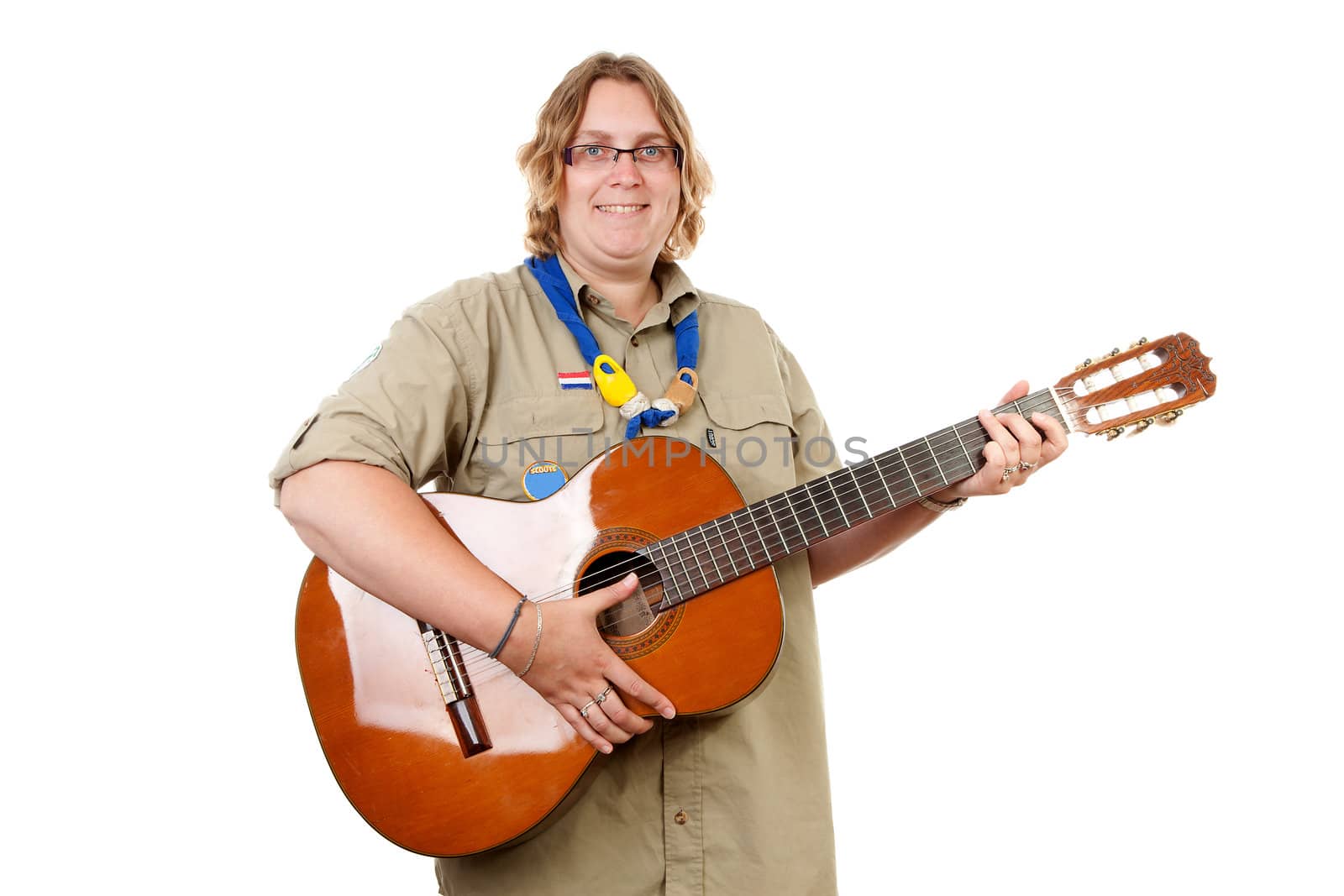 Dutch female scout with guitar over white background