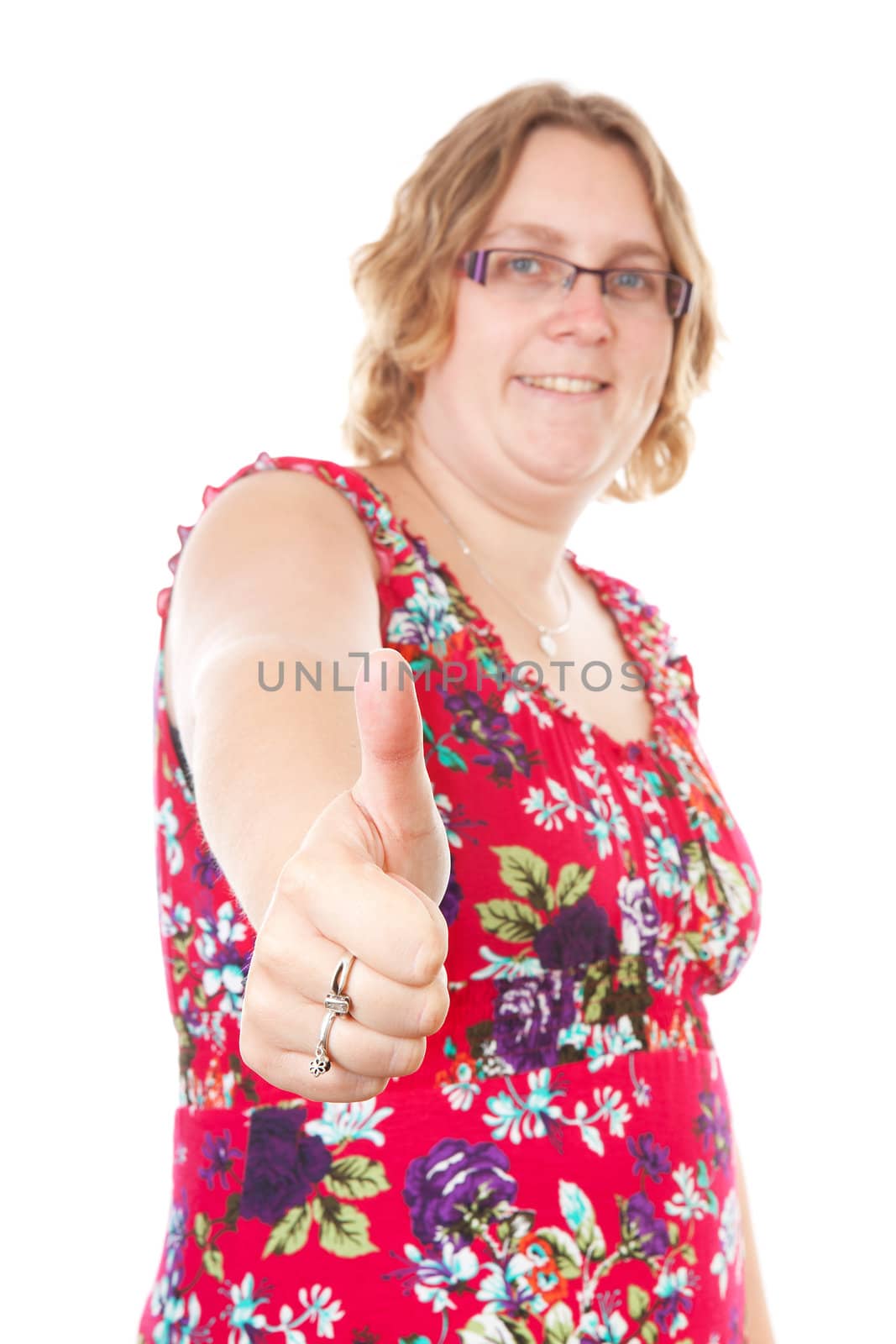 woman with thumbs up over white background 