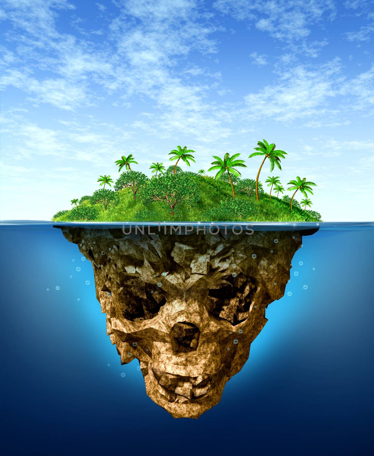 Hidden Risk and false advertising concept with a beautiful tropical island on the sea as a natural green paradise contrasted with an under water shaped as a dark evil skeleton skull as a  symbol of dishonesty and dangers of fraud.