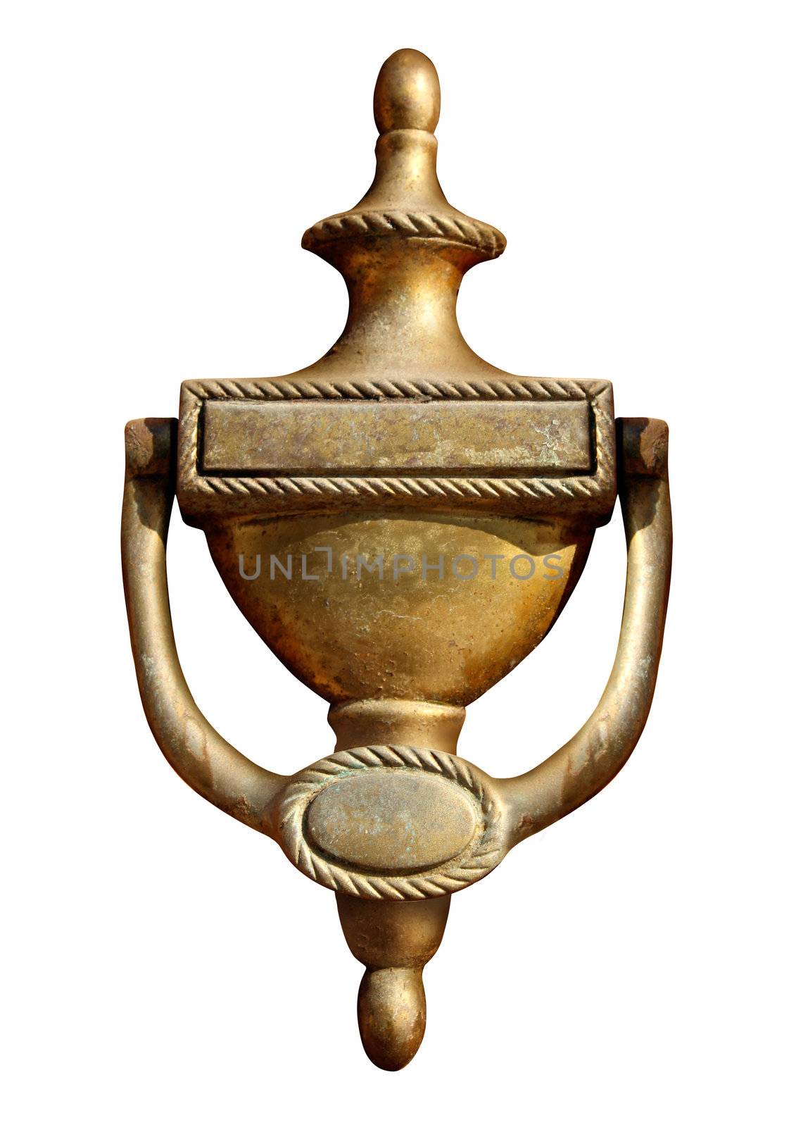 Elegant door knocker made of old fashioned vintage brass metal isolated on a white background as a symbol of residential and real estate home entrance.
