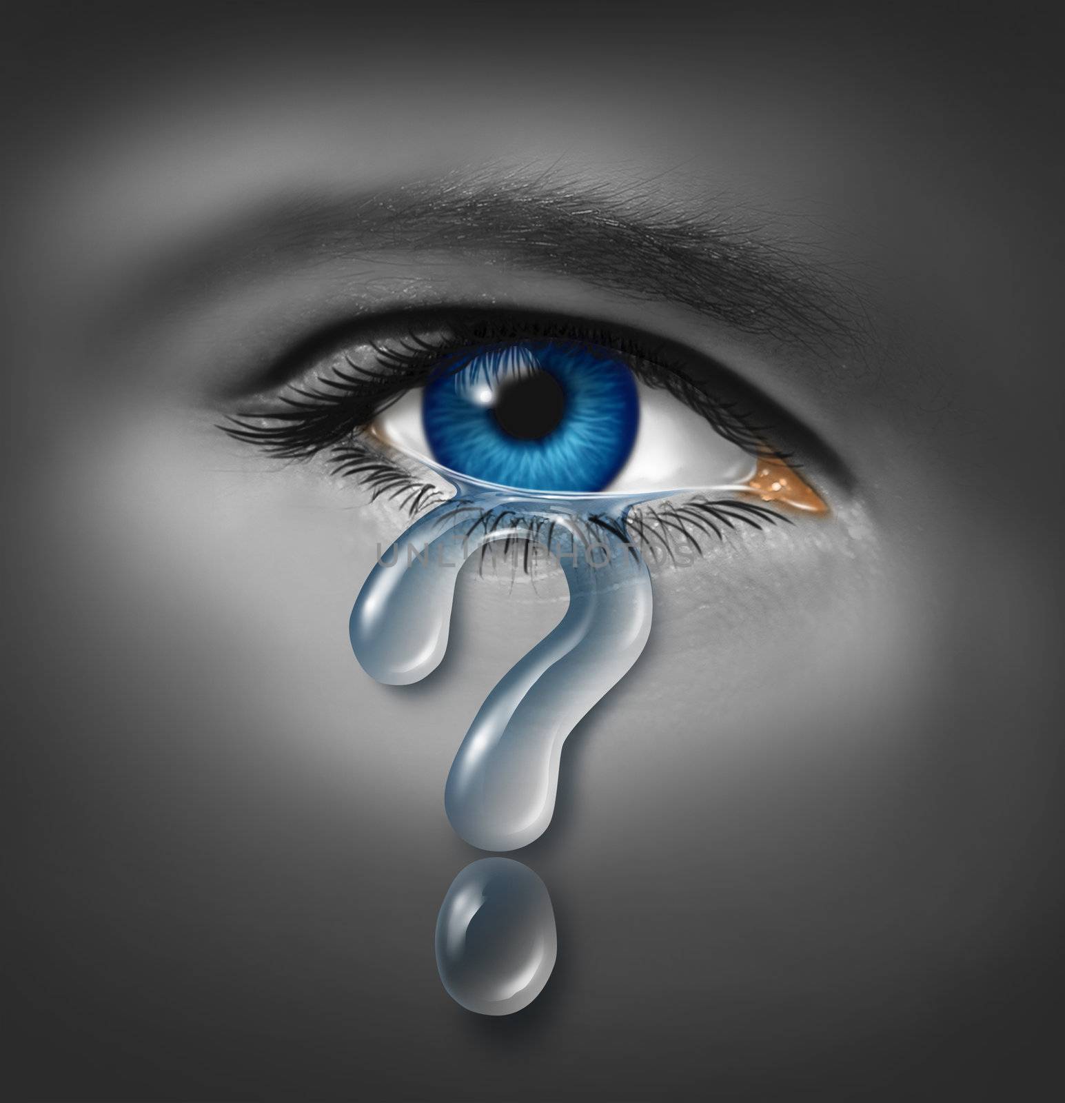Depression Symptoms and understanding the mood swings that result in feeling sad and down caused by stress helplessness and hopelessness with a close up of a human eye with a crying tear drop in the shape of a question mark.