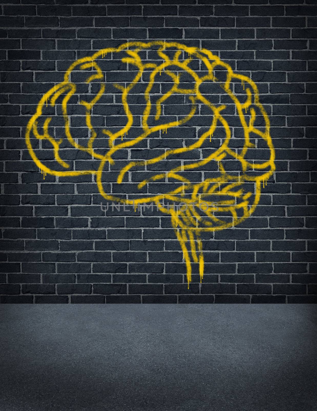 Criminal mind with a sprayed graffiti painting of a human brain on an old outdoor street brick wall as a health care and legal symbol of criminal behavior and problems in social behavior.