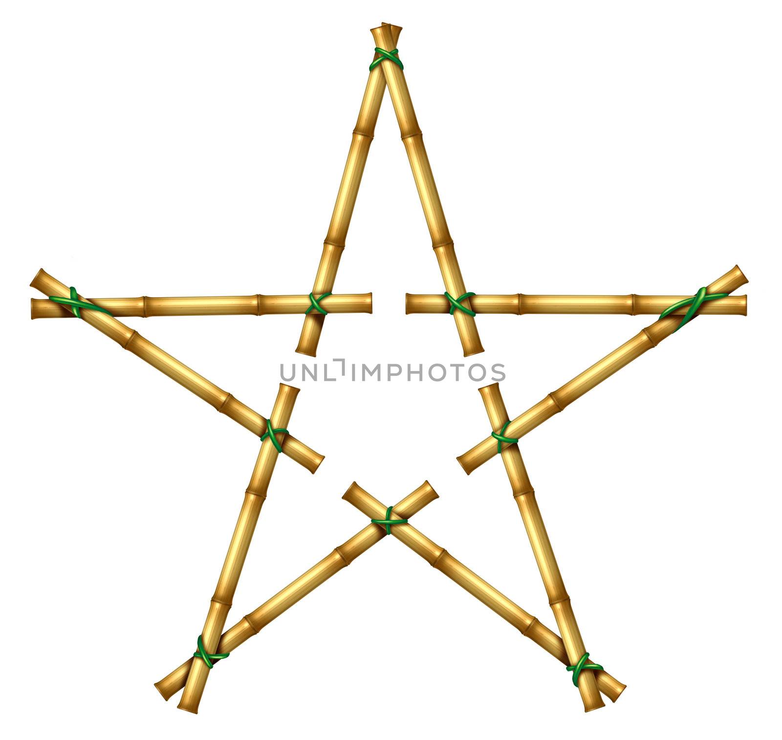 Bamboo sticks in the shape of a star as an exotic decorative hot tropical climate design element made with poles tied by green grass rope on an isolated white background representing success in hot climate nature.