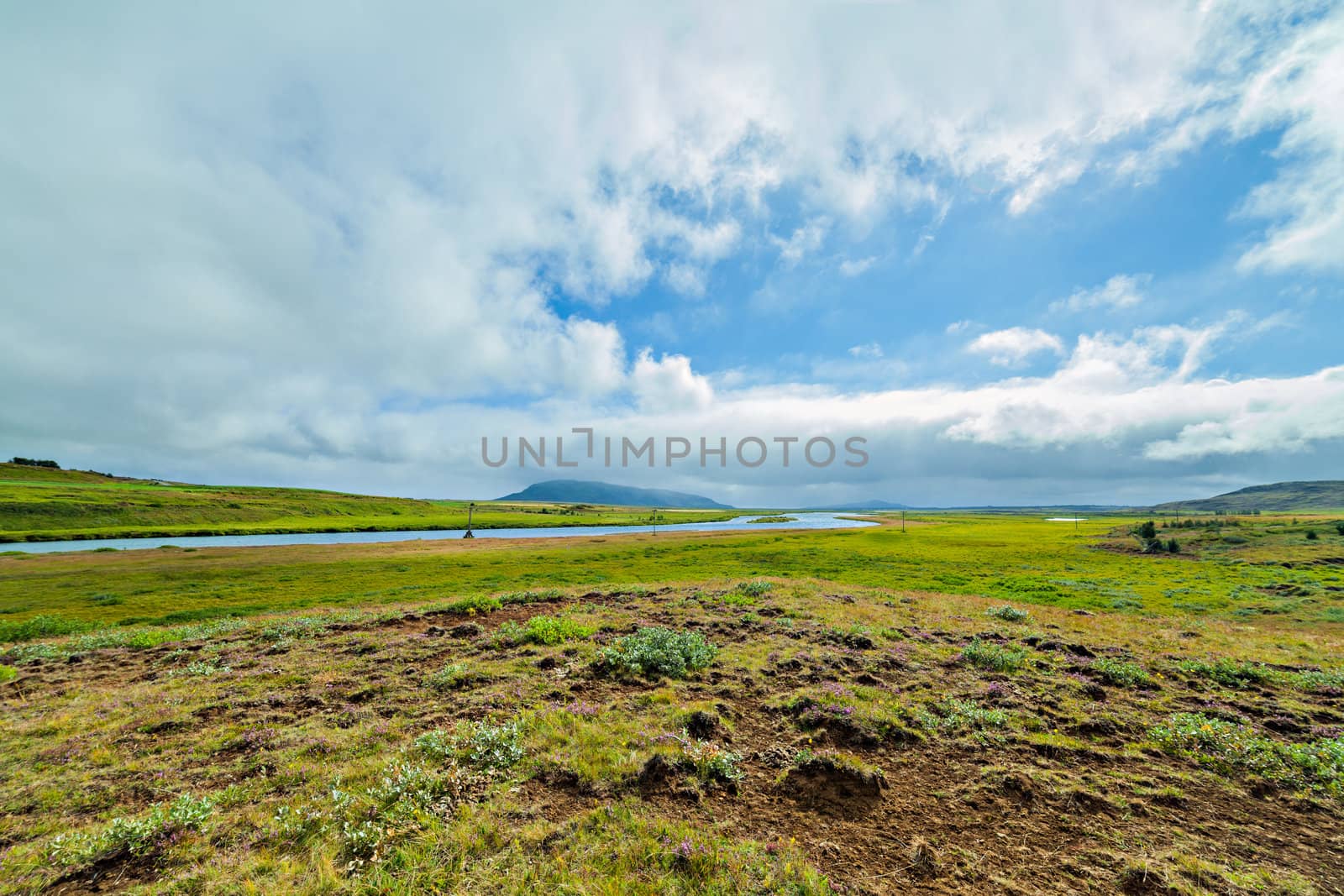 Glacier great fast blue river with green banks in Iceland