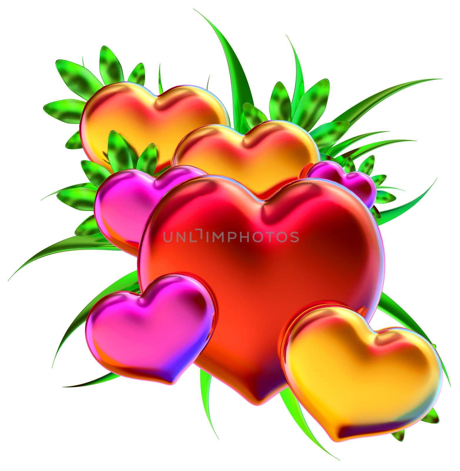 Set of hearts in floral style with green leaves on white background for Valentine's Day