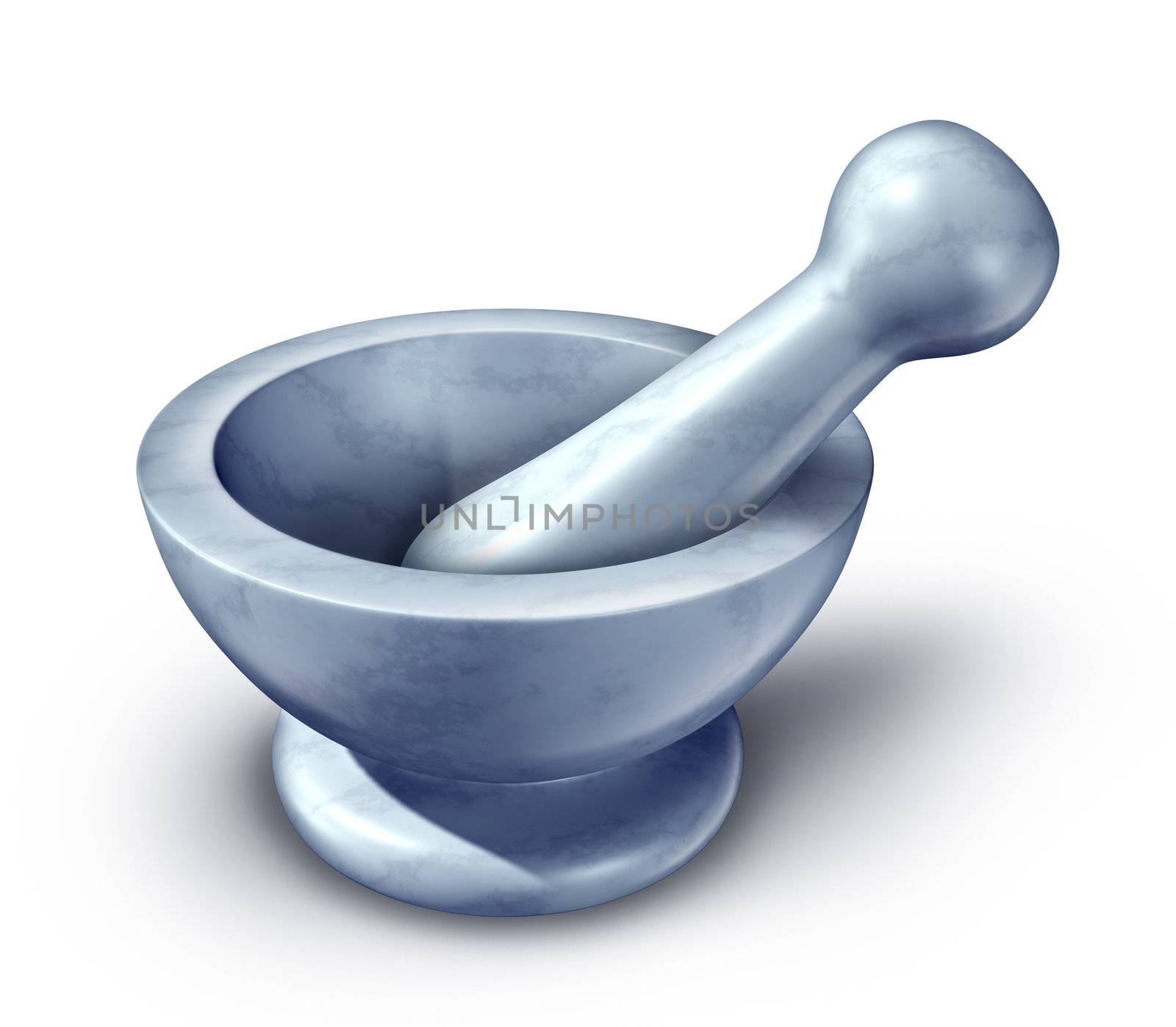 Mortar and pestle made of white marble on a blank background for grinding ingredients as a symbol of a mixing bowl for health care and natural pharmaceutical medicine and medical chemistry.