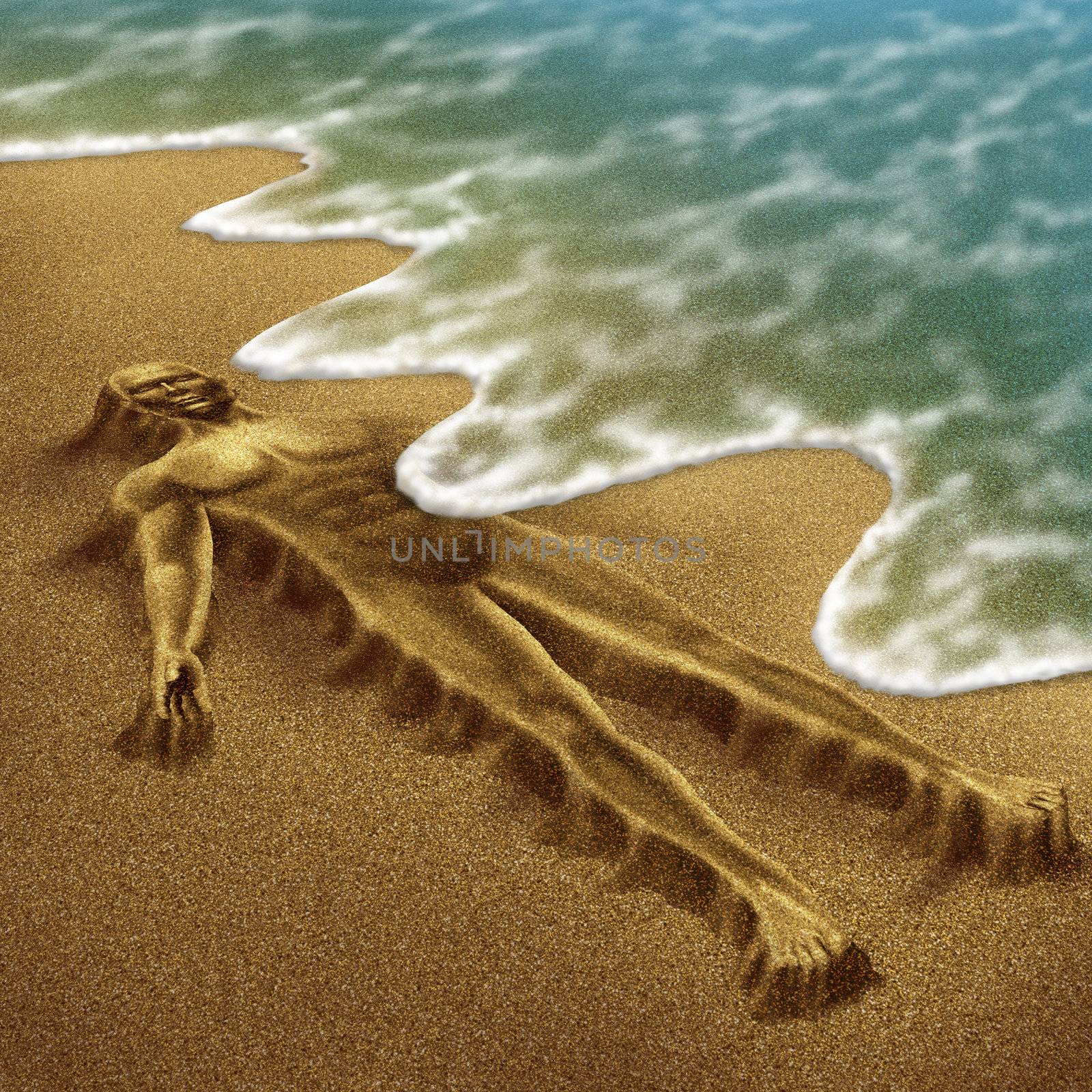 Human aging and disease with a body sculpted from sand on the beach with the ocean washing it away with the tide as a concept of dying or health loss due to age and illness as alzheimer dementia or terminal cancer.