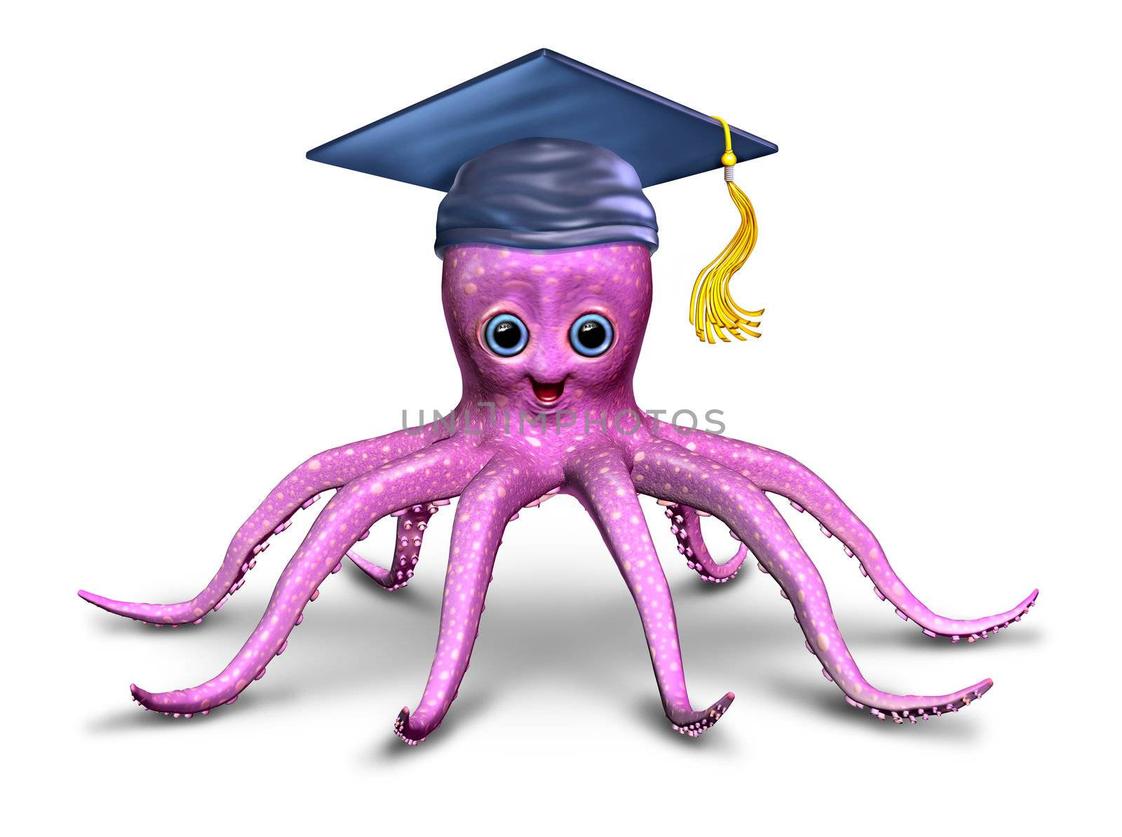 Education and learning character with a fun three dimensional friendly school octopus with a graduation hat as a symbol of preschool and elementary development and creativity on a white background.