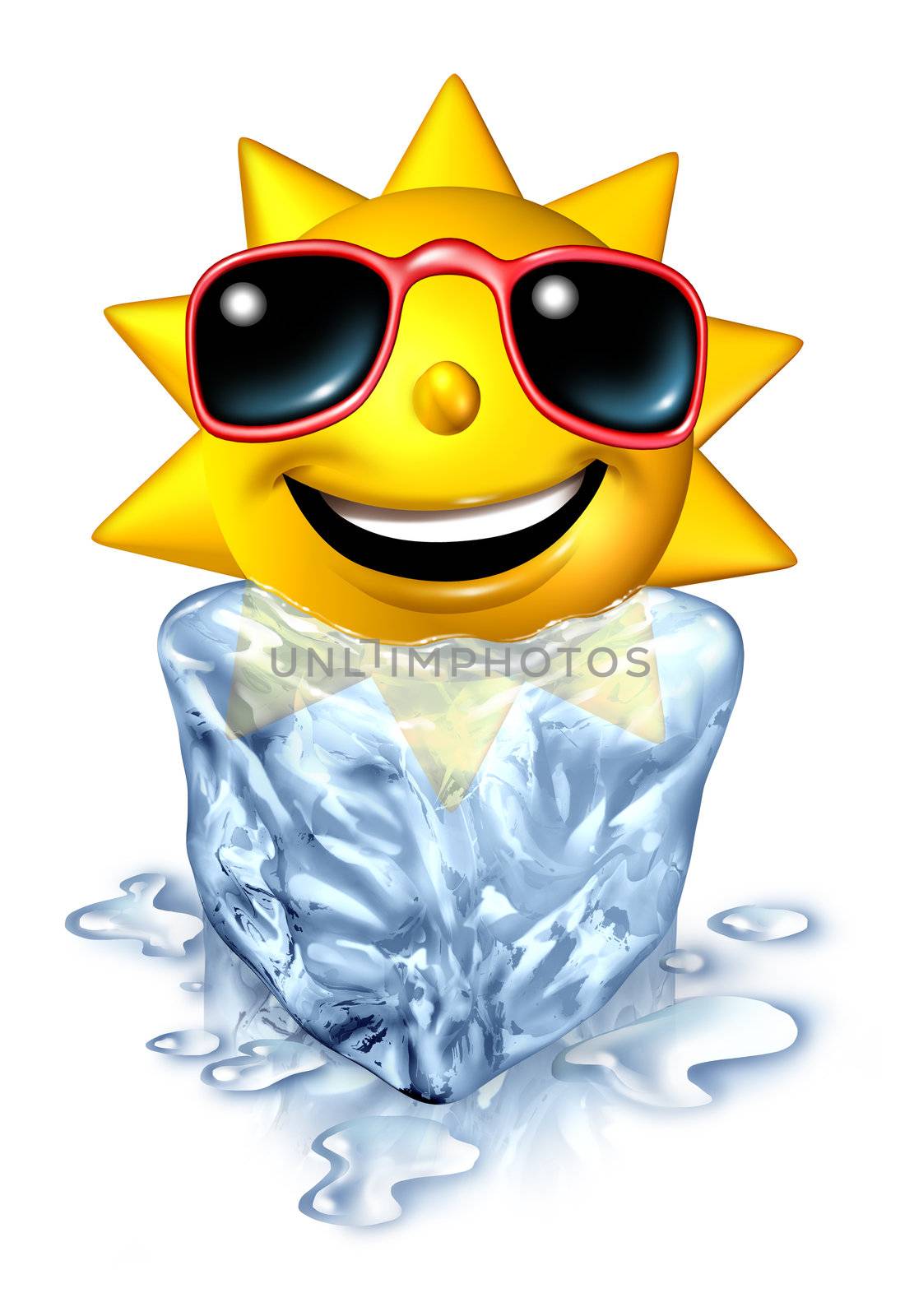 Cool down refreshment relief concept with a hot vacation summer sun character in a frozen cold block of ice melting as a chilled conforting relaxation from the blistering heat on white.