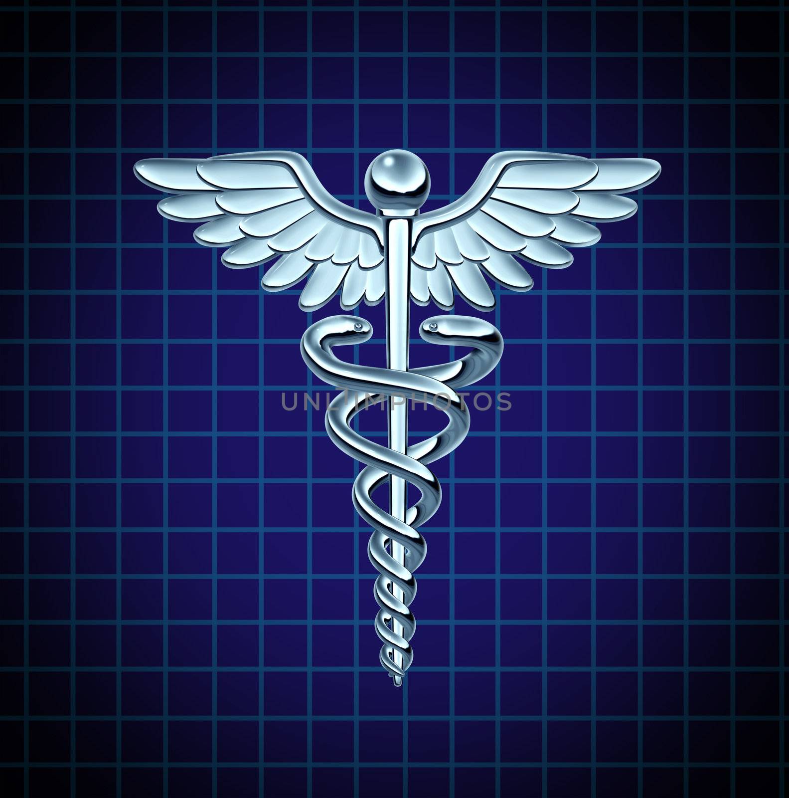 Caduceus health care symbol and medical icon as a medicine concept with snakes crawling on a pole with wings on a chrome metal texture on a black graph background.