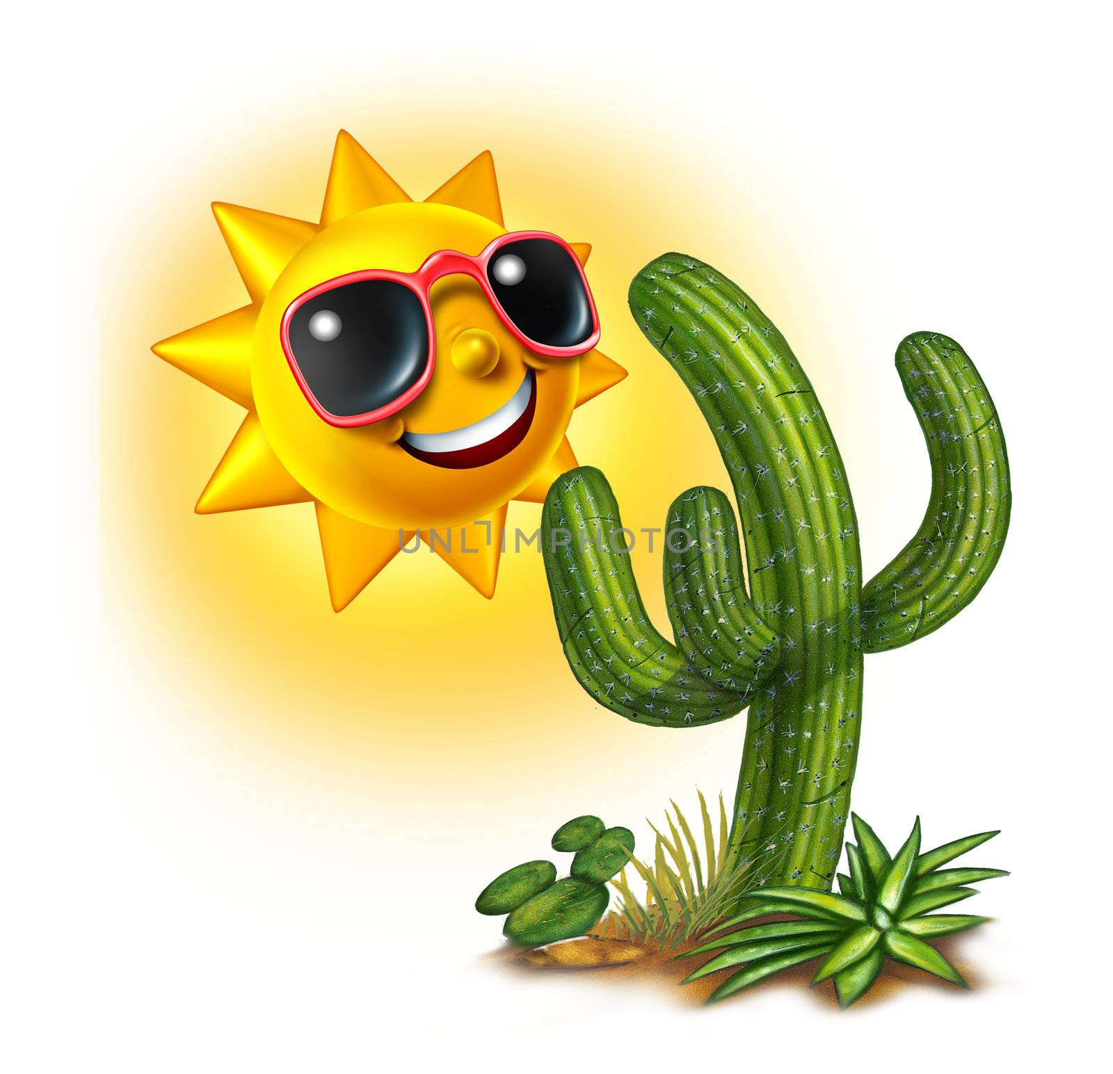 Cactus and sun character smiling and happy with dark glasses as a hot tropical summer fun concept on a white background.