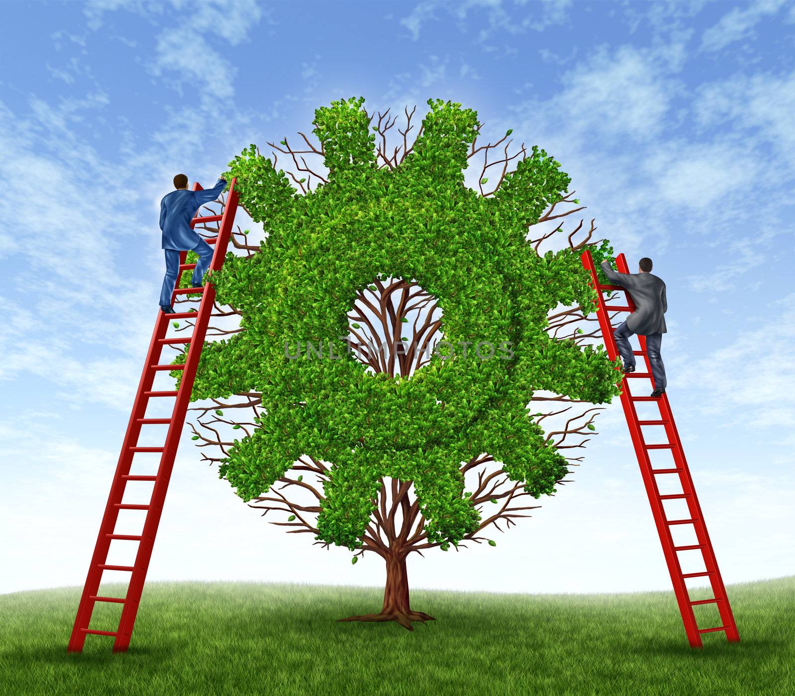 Building a business and growing financial success with a team represented by a tree in the shape of a gear or cog and business men climbing red ladders to care for the growth of the plant.