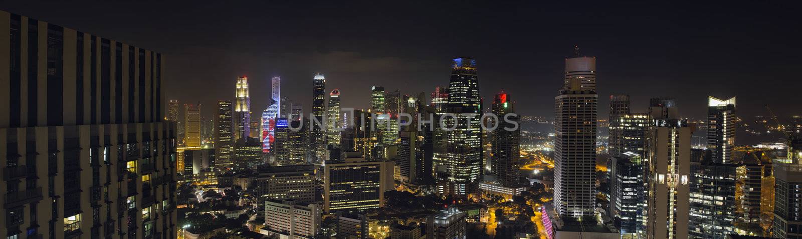 Singapore City Skyscrapers Skyline in Central Business District and Chinatown Panorama at Night