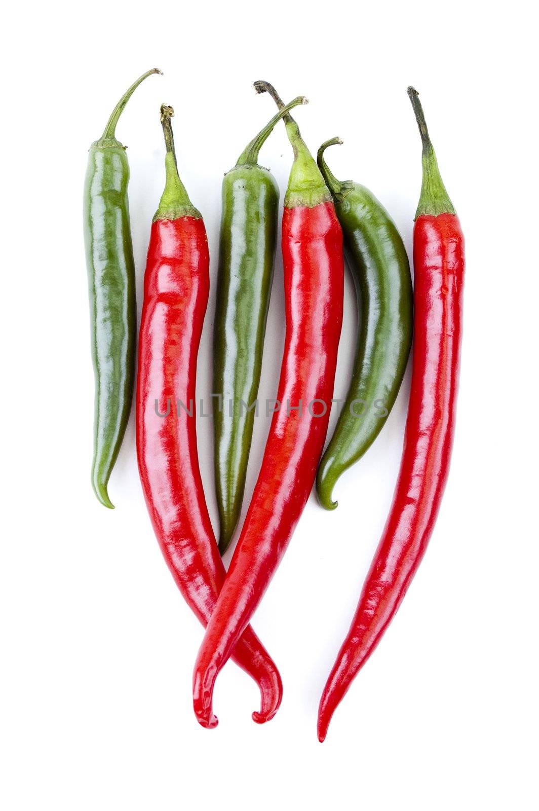 a vertical series of green and red chili peppers