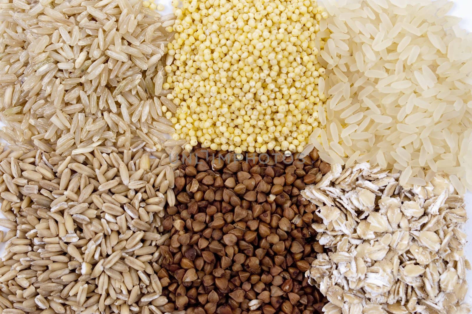 set of cereals: rice, millet, buckwheat, oatmeal
