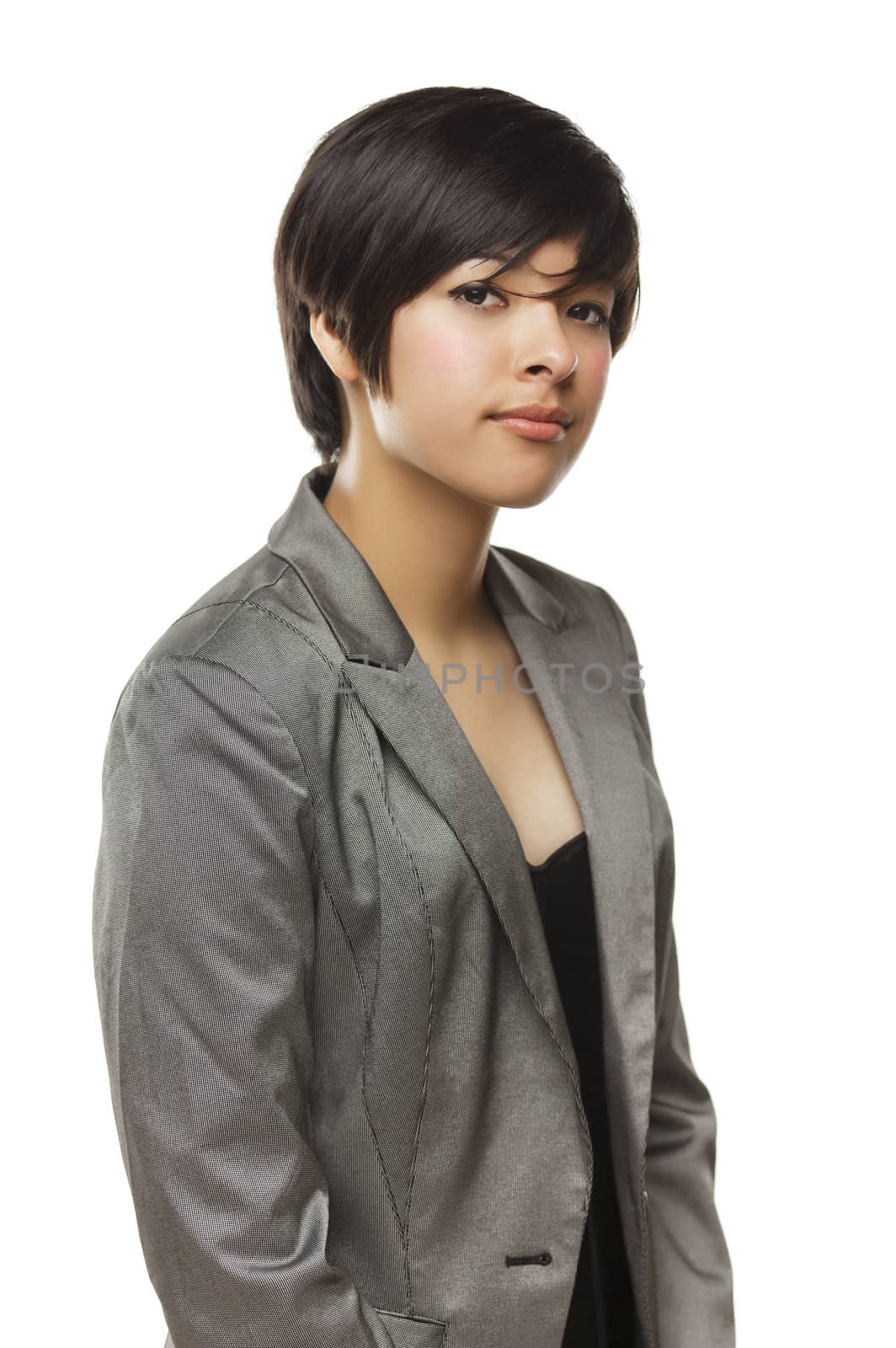 Pretty Mixed Race Young Adult Woman Isolated on a White Background.