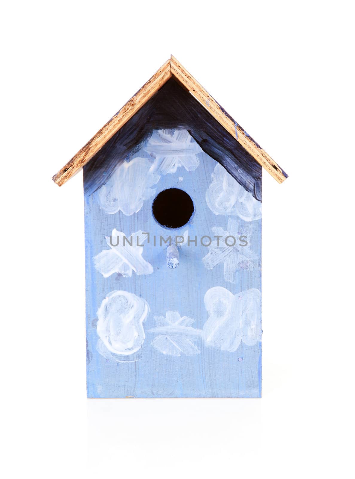 blue birdhouse painted by children over white background