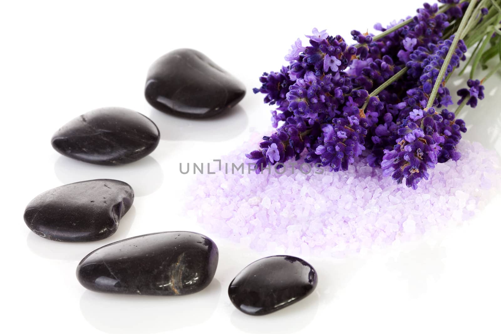 black pebbles stones and lavender flowers over white background