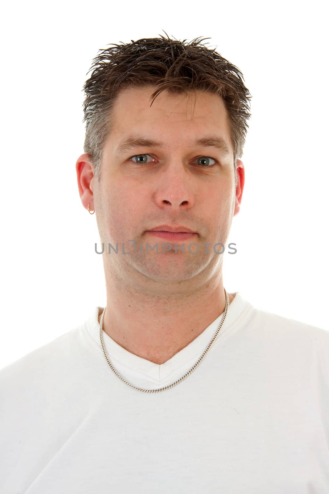 portrait of isolated  handsome man in white t-shirt