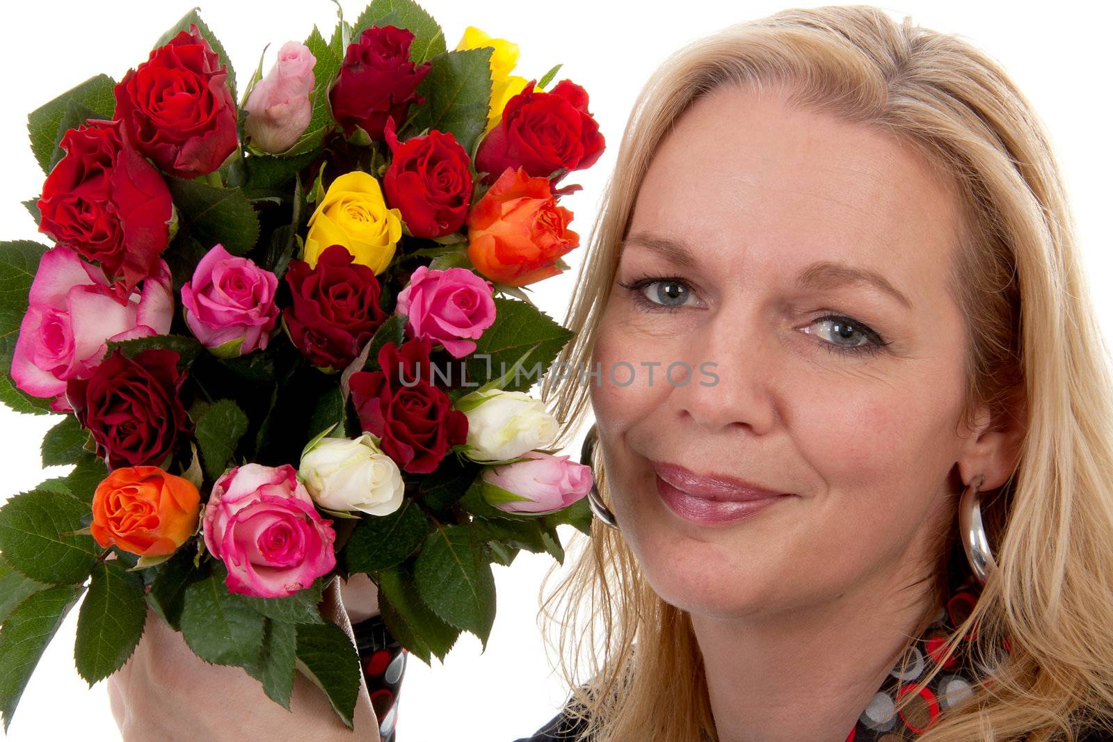 portrait of woman with bouquet of colorful roses over white backgorund