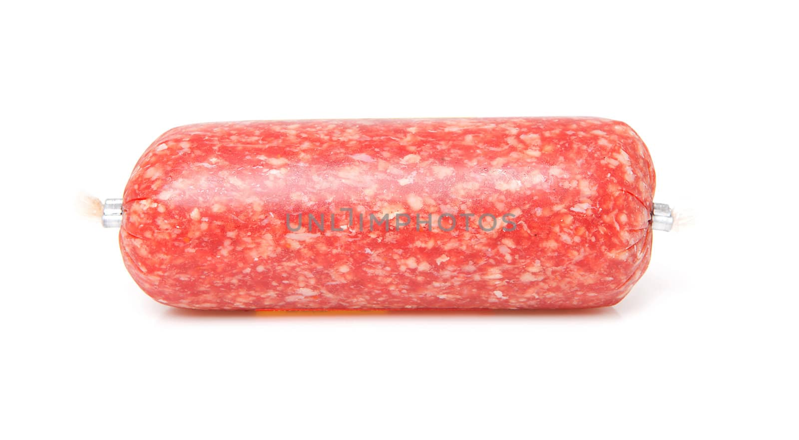 One raw fresh packed sausage over white background 
