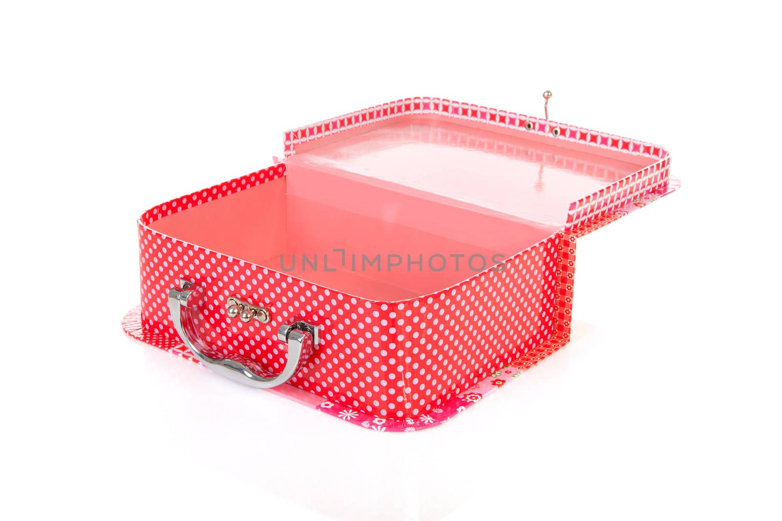 red  open suitecase in closeup over white background