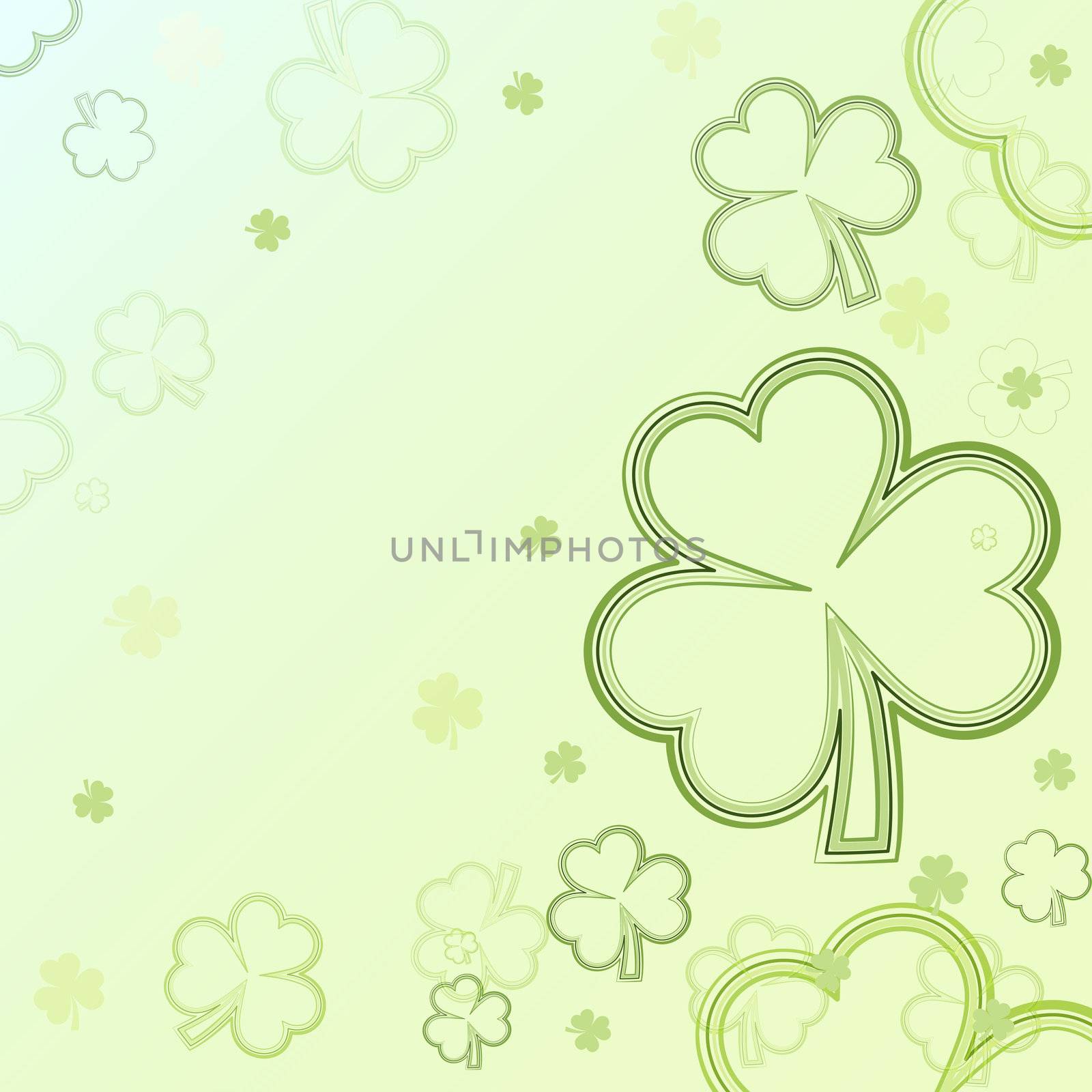 shamrocks - green contours of flowers, background with light clovers, spring card