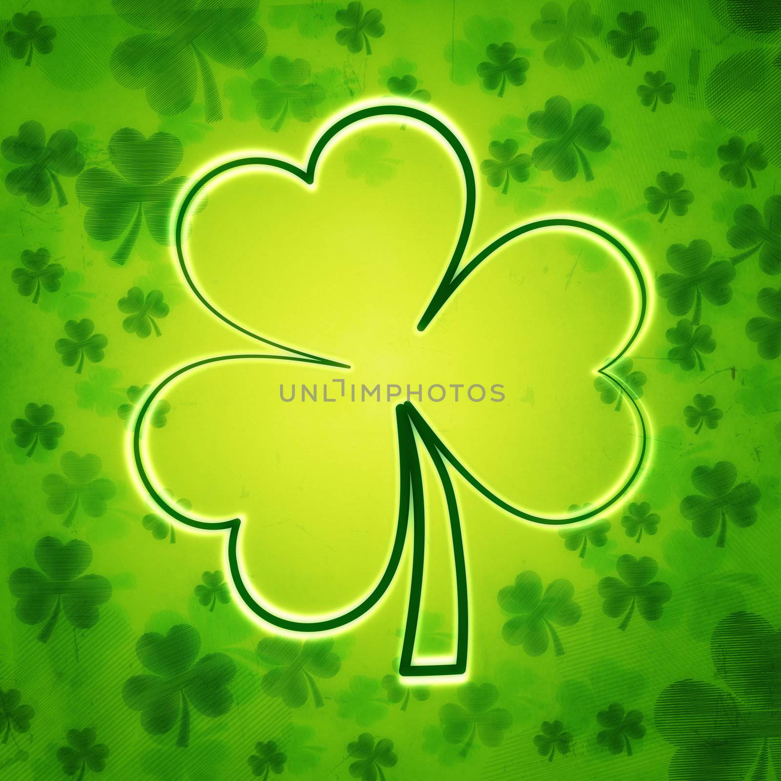 shamrocks - vintage green background, contours of clovers and striped flowers over old paper