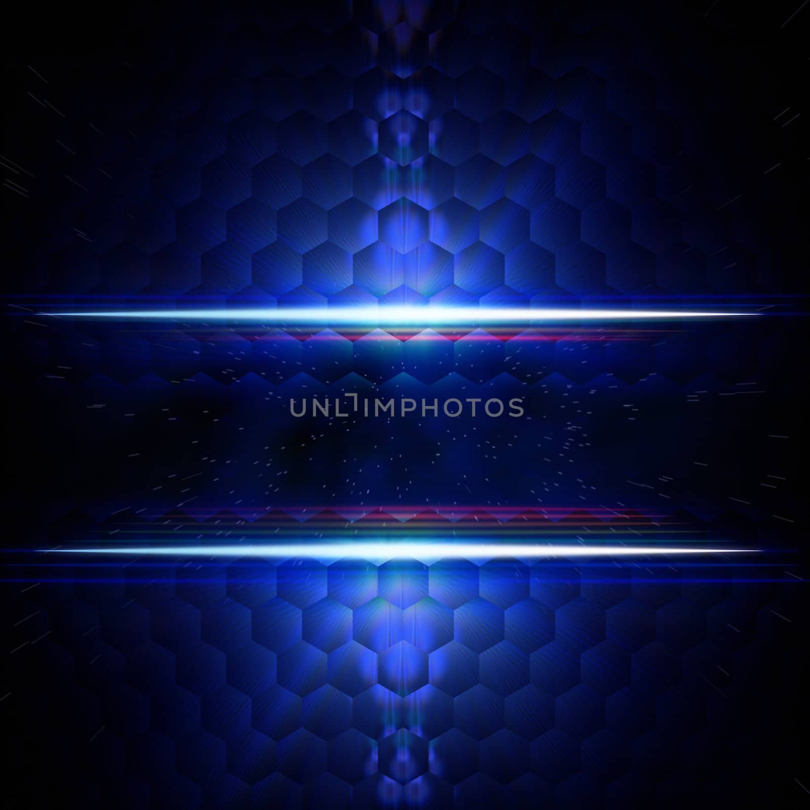 abstract blue background with hexagons, white light and star dust, text space