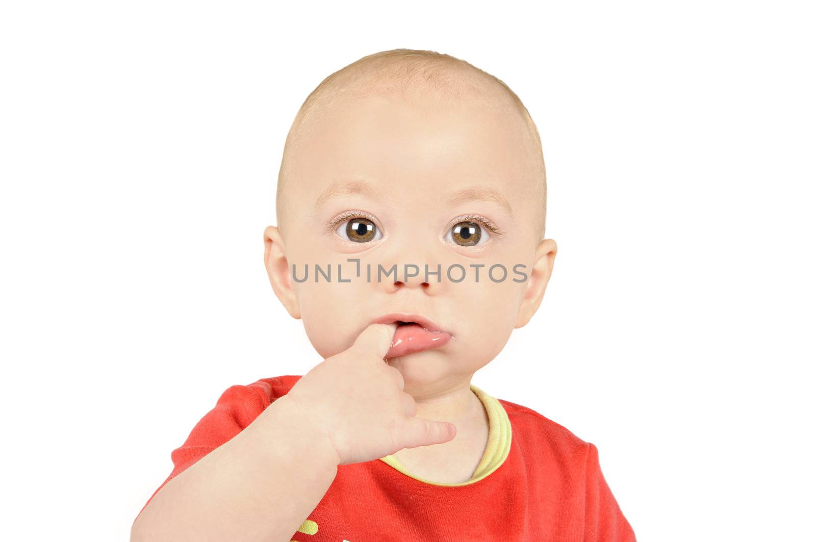 Baby boyin red shirt  sucking on his finger by tish1