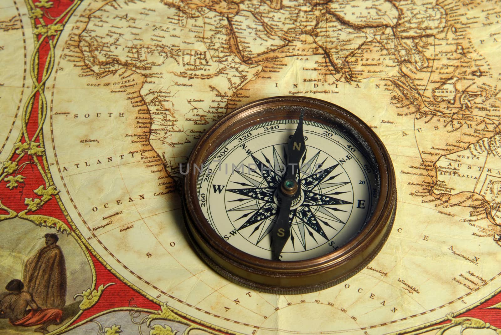 Treasure map, old navigation system, compass and direction