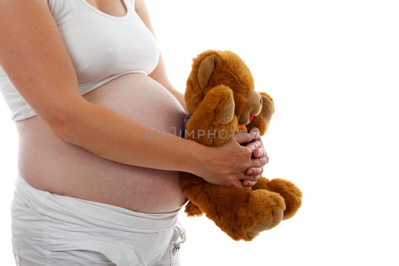 pregnant belly with Teddy bear over white background