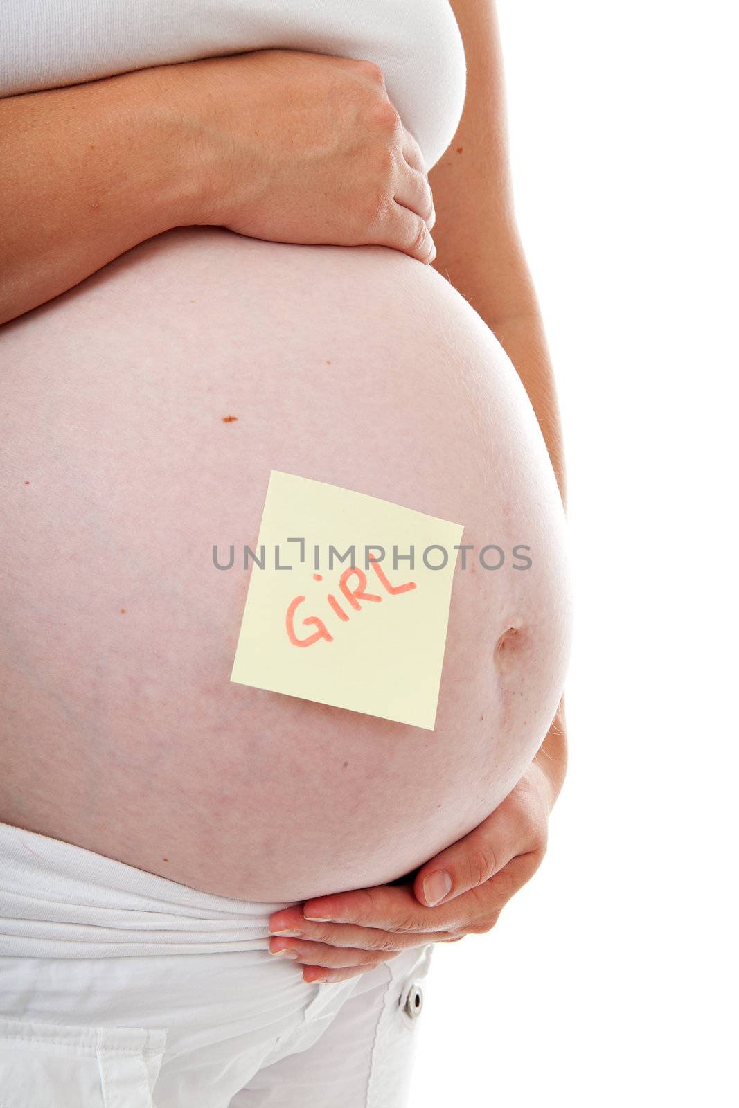 Pregnant belly with sticky note Girl over white background