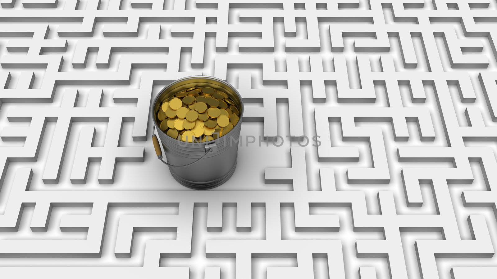 Conceptual business background: Coins in the bucket in center of labyrinth.