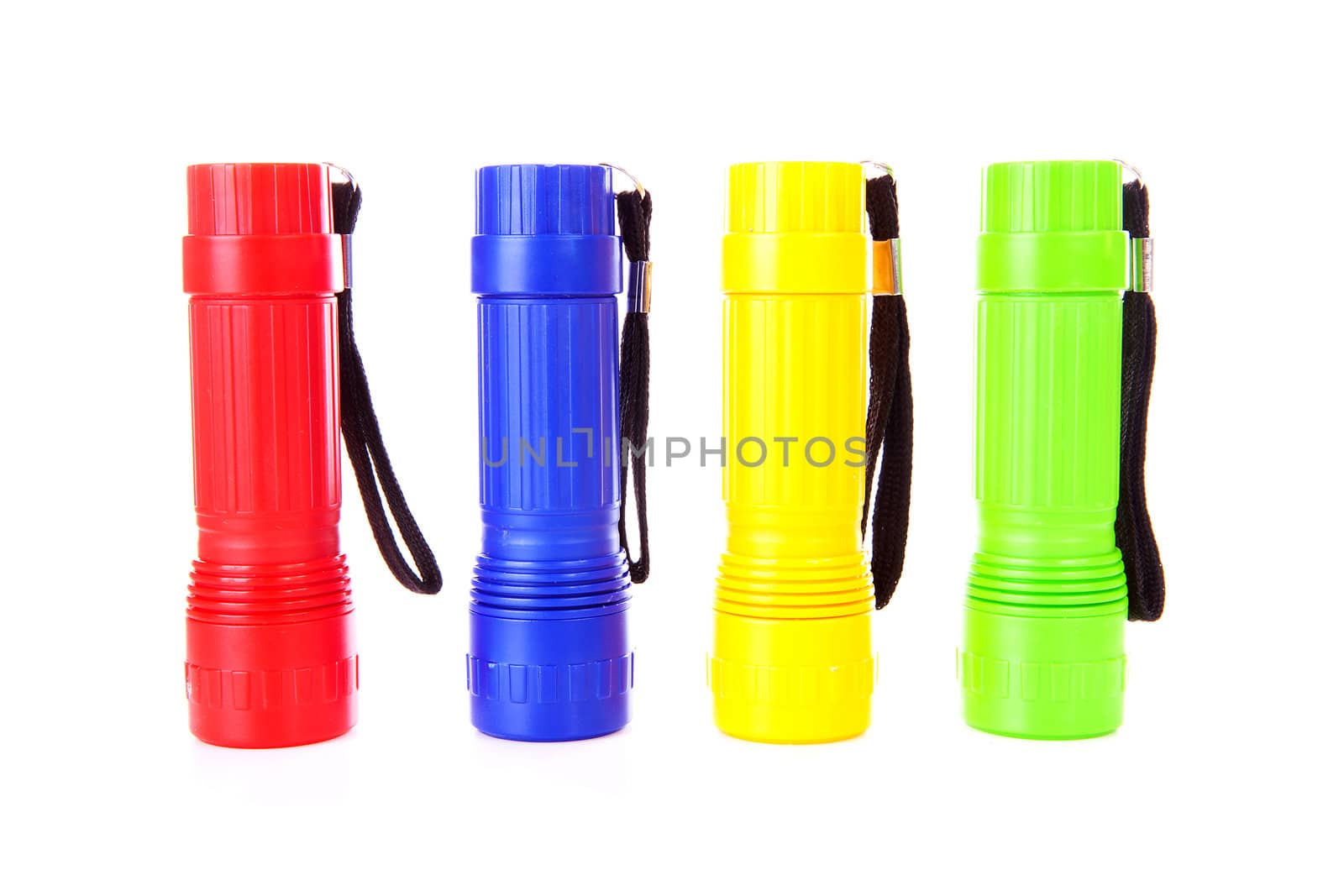 Four colorful flashlights over white background