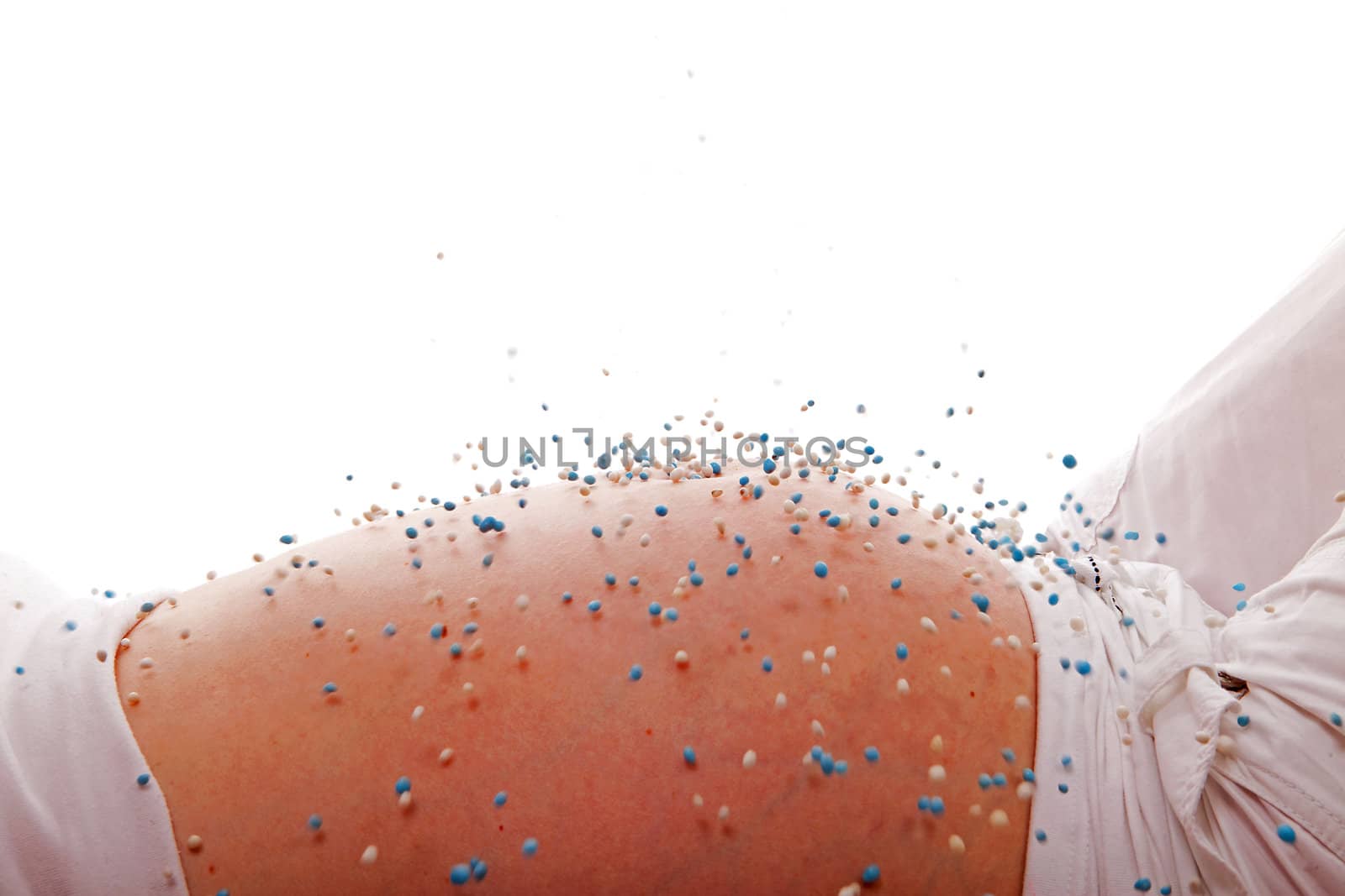 Pregnant belly with blue falling mice over white background