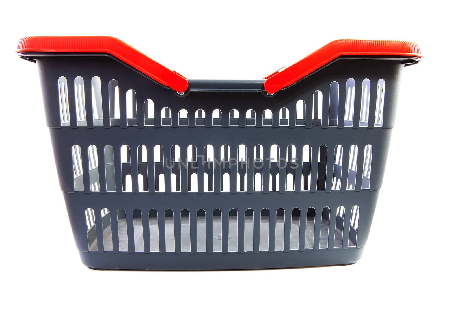 empty grey shopping basket with red handles isolated on white background