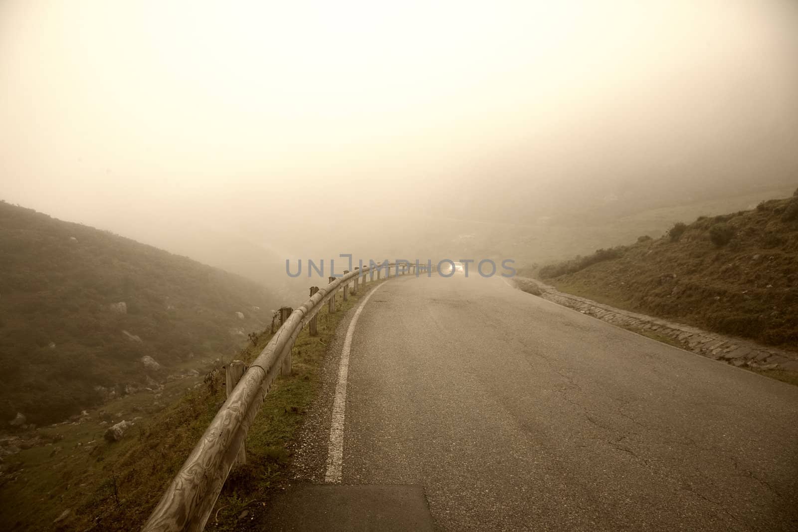 Misty morning near Lago Enol in the mountains of Picos de Europa - Asturias, Spain.
